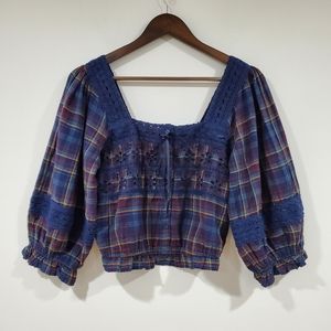 American Eagle Peasant Plaid Cotton Linen Top Women's Size S
